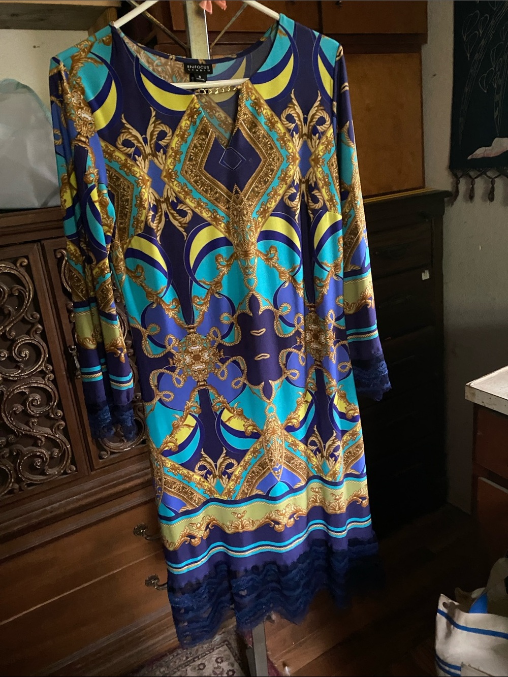 Francesca's Collections Navy, Turquoise & Gold Baroque Print Long Sleeve Dress